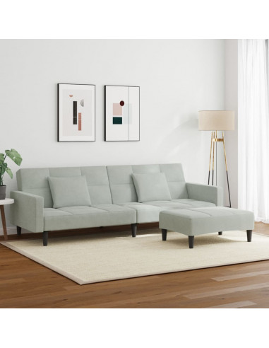 Divano Letto a 2 Posti con Poggiapiedi Grigio Chiaro in Velluto
