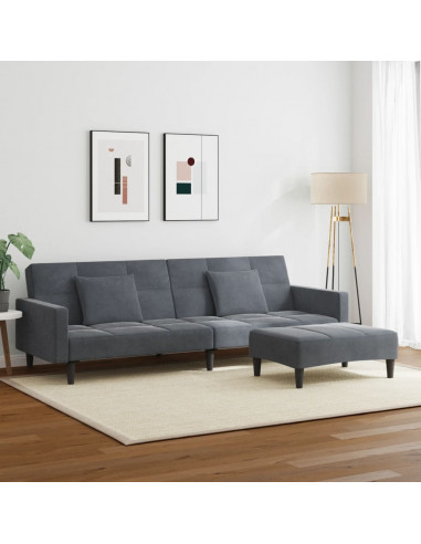 Divano Letto 2 Posti con Poggiapiedi Grigio Scuro in Velluto