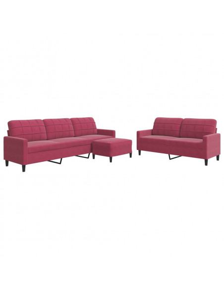 Set di Divani 3 pz con Cuscini Rosso Vino in Velluto