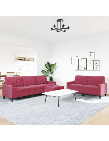 Set di Divani 3 pz con Cuscini Rosso Vino in Velluto
