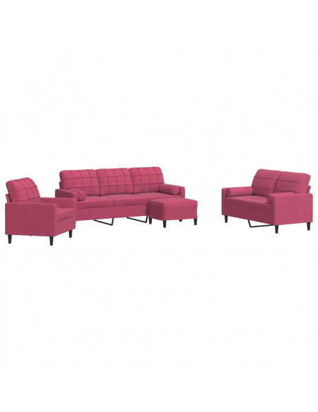 Set di Divani 4 pz con Cuscini e Rinforzi Rosso Vino in Velluto