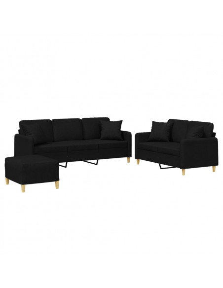 Set Divani 3 pz con Cuscini Nero in Tessuto
