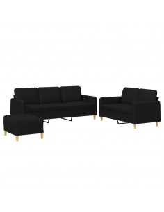 Set di Divani 3 pz con Cuscini Nero in Tessuto 2