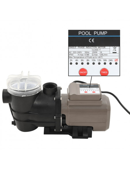Pompa per Piscina con Timer Nera 0,25 HP 8000 L/h