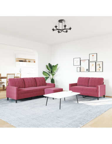 Set di Divani 3 pz con Cuscini Rosso Vino in Velluto