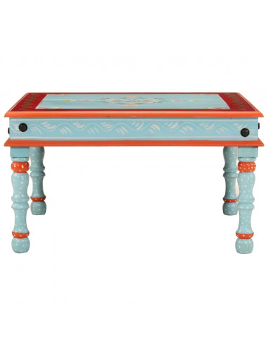 Tavolino Salotto Blu Dipinto a Mano in Legno Massello di Mango