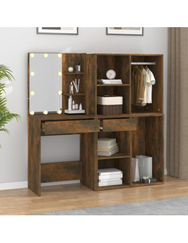 Toeletta con LED e Armadietti Rovere Fumo in Legno Multistrato