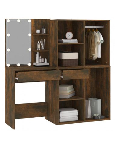 Toeletta con LED e Armadietti Rovere Fumo in Legno Multistrato