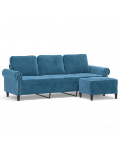 Divano a 3 Posti con Poggiapiedi Blu 180 cm in Velluto