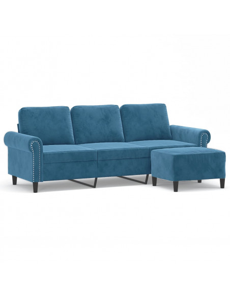 Divano a 3 Posti con Poggiapiedi Blu 180 cm in Velluto