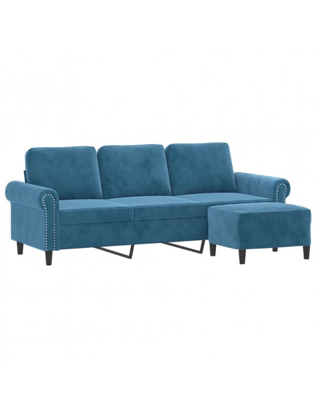 Divano a 3 Posti con Poggiapiedi Blu 180 cm in Velluto