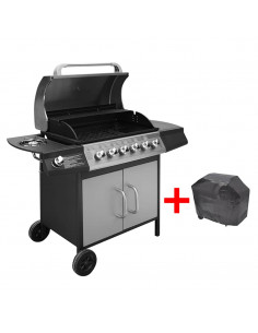Barbecue e Griglia a Gas 6+1 Fornelli Nero e Argento