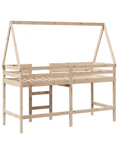 Letto Soppalco con Scala e Tetto 90x190 cm Legno Massello Pino