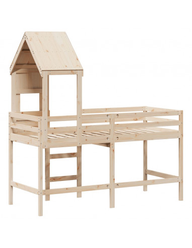 Letto Soppalco con Scala e Tetto 90x190 cm Legno Massello Pino