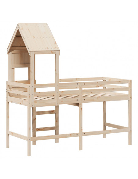 Letto Soppalco con Scala e Tetto 90x190 cm Legno Massello Pino