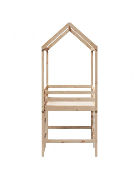 Letto Soppalco con Scala e Tetto 90x190 cm Legno Massello Pino