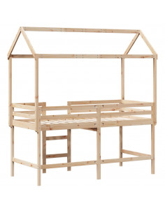 Letto Soppalco con Scala e Tetto 90x190 cm Legno Massello Pino 2