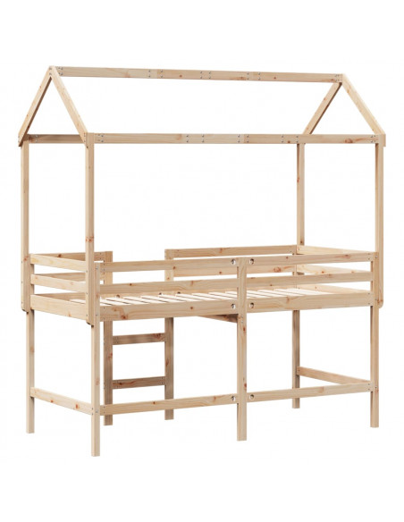 Letto Soppalco con Scala e Tetto 90x190 cm Legno Massello Pino