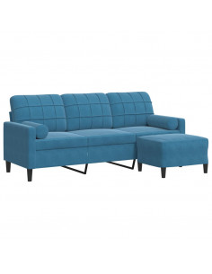 Divano a 3 Posti con Poggiapiedi Blu 180 cm in Velluto