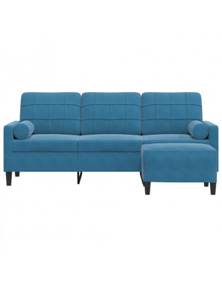 Divano a 3 Posti con Poggiapiedi Blu 180 cm in Velluto