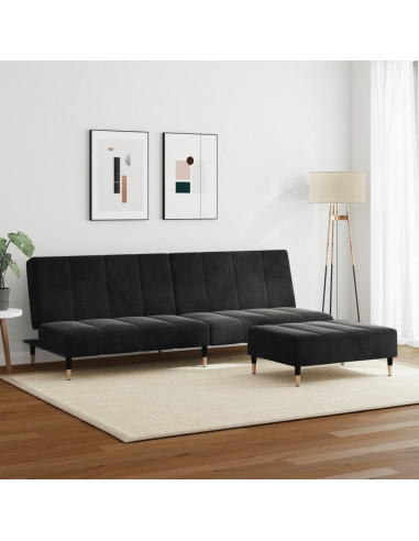 Divano Letto a 2 Posti con Poggiapiedi Nero in Velluto