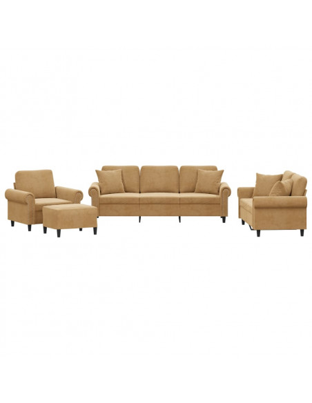 Set di Divani 4 pz con Cuscini Marrone in Velluto