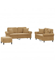 Set di Divani 3 pz con Cuscini Marrone in Velluto 2