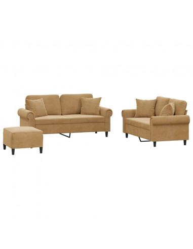 Set di Divani 3 pz con Cuscini Marrone in Velluto