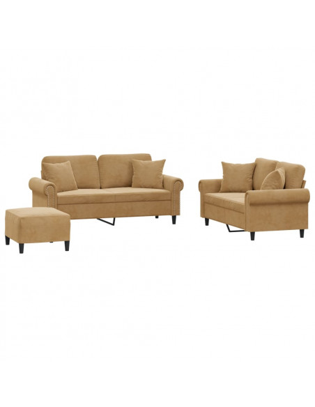 Set di Divani 3 pz con Cuscini Marrone in Velluto