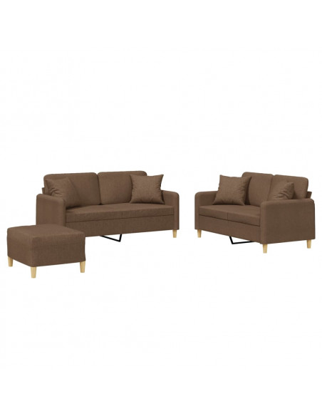 Set di Divani 3 pz con Cuscini Marrone in Tessuto
