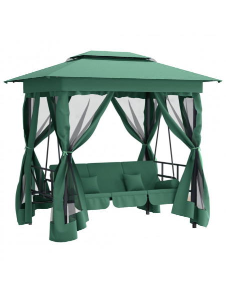 Gazebo con Panca a Dondolo Convertibile Verde Tessuto e Acciaio