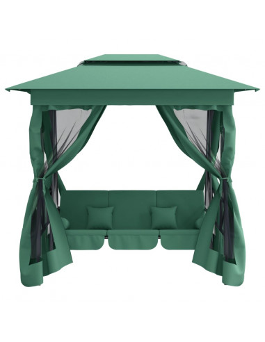 Gazebo con Panca a Dondolo Convertibile Verde Tessuto e Acciaio
