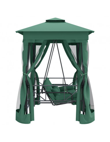 Gazebo con Panca a Dondolo Convertibile Verde Tessuto e Acciaio
