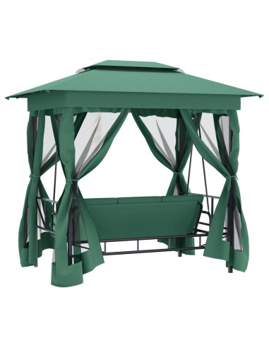 Gazebo con Panca a Dondolo Convertibile Verde Tessuto e Acciaio