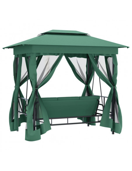Gazebo con Panca a Dondolo Convertibile Verde Tessuto e Acciaio