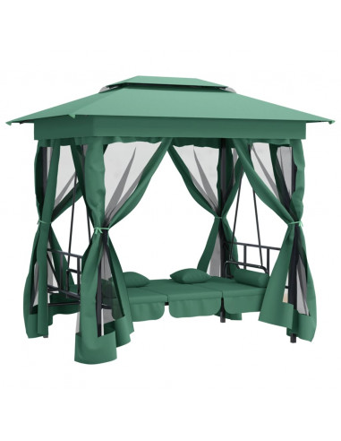 Gazebo con Panca a Dondolo Convertibile Verde Tessuto e Acciaio