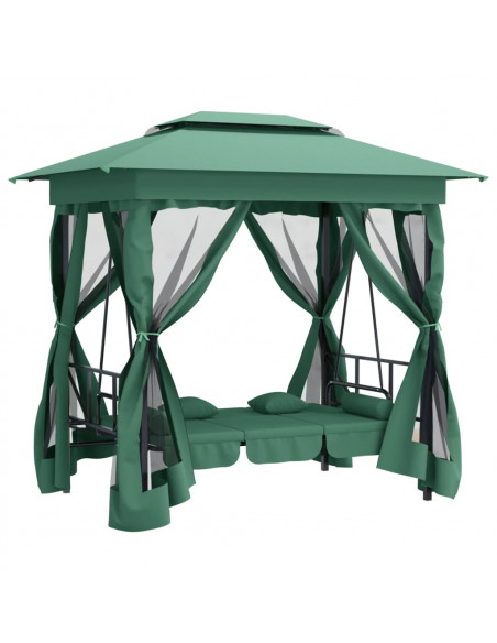 Gazebo con Panca a Dondolo Convertibile Verde Tessuto e Acciaio