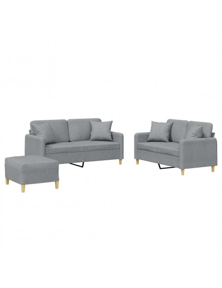 Set Divani 3 pz con Cuscini Grigio Chiaro in Tessuto