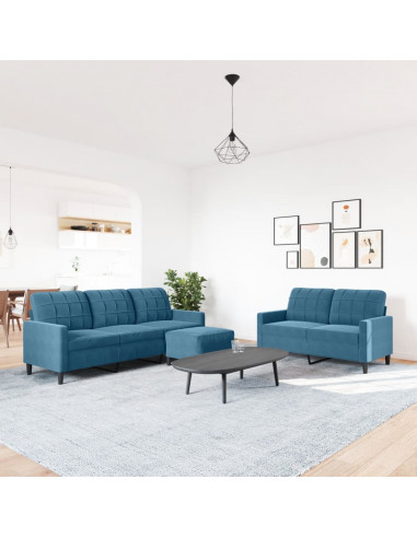 Set di Divani 3 pz con Cuscini Blu in Velluto