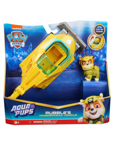 PAW Patrol , Veicolo Trasformabile Aqua Pups di Rubble per Avventure Marine, Personaggio di Rubble incluso, Giochi per Bambini e