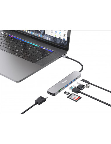 Equip 133494 Adattatore multifunzione USB-C 7 in 1, HDMI 4K/60Hz, USB 3.2 Gen1 x 3, TF/MICRO SD, USB PD 100W