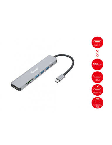 Equip 133494 Adattatore multifunzione USB-C 7 in 1, HDMI 4K/60Hz, USB 3.2 Gen1 x 3, TF/MICRO SD, USB PD 100W