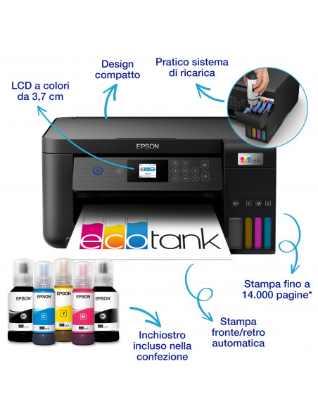 Epson EcoTank ET-2850 stampante multifunzione inkjet 3-in-1 A4, serbatoi ricaricabili alta capacità, 5 flaconi inclusi pari a 1