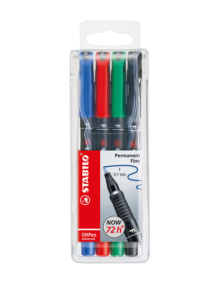 STABILO OHPen universal permanent, 4 Pack marcatore permanente Tipo di punta Nero, Blu, Verde, Rosso 4 pz