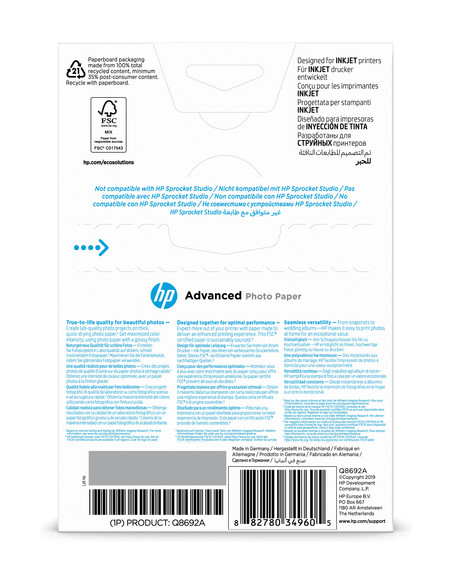 HP Confezione da 100 fogli di carta fotografica Advanced, lucida, 250 g/m2, 10 x 15 cm (101 x 152 mm)