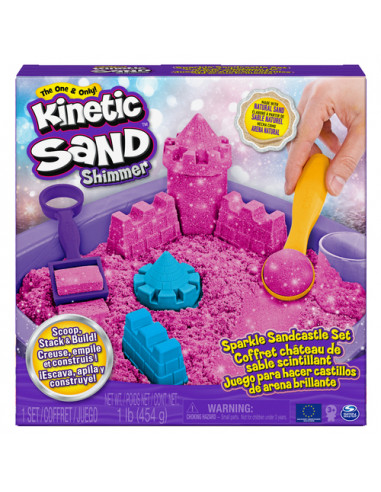 Kinetic Sand |Castello di Sabbia Shimmer | Sabbia cinetica 454gr | Sabbia magica | Sabbia colorata glitterata rosa | 3 accessori