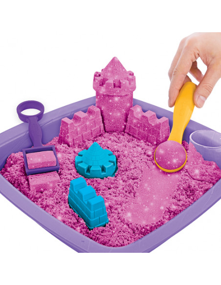 Kinetic Sand |Castello di Sabbia Shimmer | Sabbia cinetica 454gr | Sabbia magica | Sabbia colorata glitterata rosa | 3 accessori