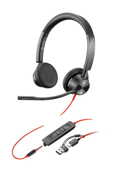 POLY Cuffie stereo Blackwire 3325 con connettore USB-C, certificate per Microsoft Teams + spina da 3,5 mm + adattatore USB-C/A