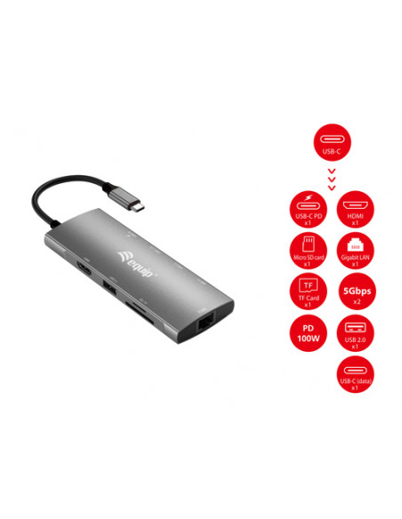 Equip Adattatore multifunzione USB-C 9 in 1, HDMI 4K/60Hz, LAN Gigabit, USB 3.2 GEN1, SD/TF, USB PD 100W
