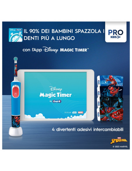 Oral-B Spazzolino Elettrico Ricaricabile Pro Kids con personaggi Marvel Spider-Man, 2 Testine, da 3 Anni In Su. 1 Spazzolino